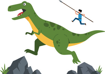 Naklejka premium Green Tyrannosaurus Rex Dinosaur Running with Human Hunter Throwing Spear Vector Illustration 