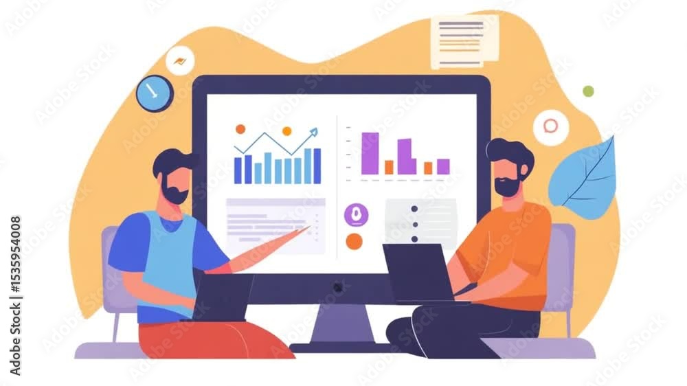 Poster collaborative data analysis: two professionals discussing business performance insights