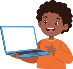 Boy holding blue laptop computer smiling happy technology device vector illustration 