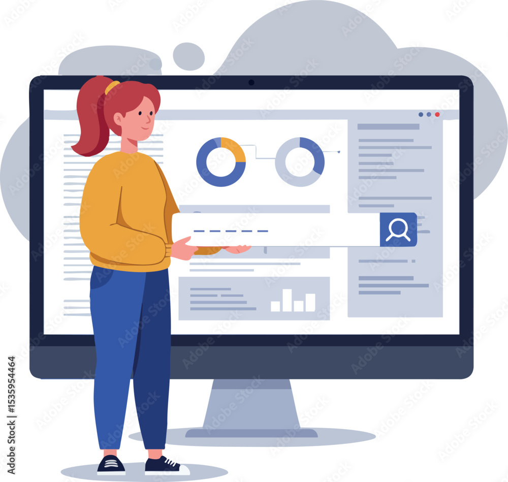Poster woman analyzing data charts on computer screen in office work environment vector illustration