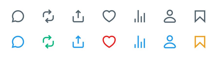 Set of social media interaction icons including like, comment, share, heart, follower, save, favorite, analytics icon symbol . Minimalist vector style for for apps, web design
