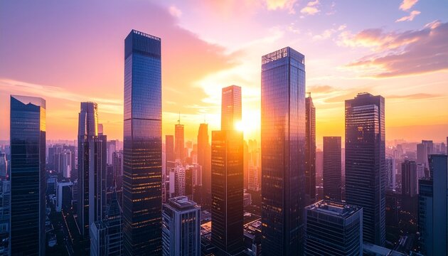 都会の高層ビルと夕焼け空 - Powered by Adobe