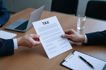 Tax document deal compliance concept with business people exchanging paper in office meeting