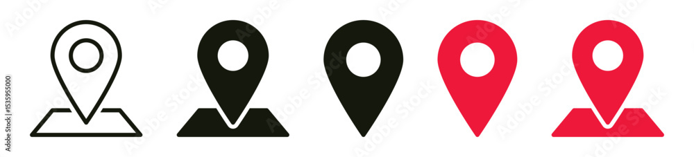 Poster location icon, map pin icons in outline, black, and red styles. for maps, gps, navigation apps, loca