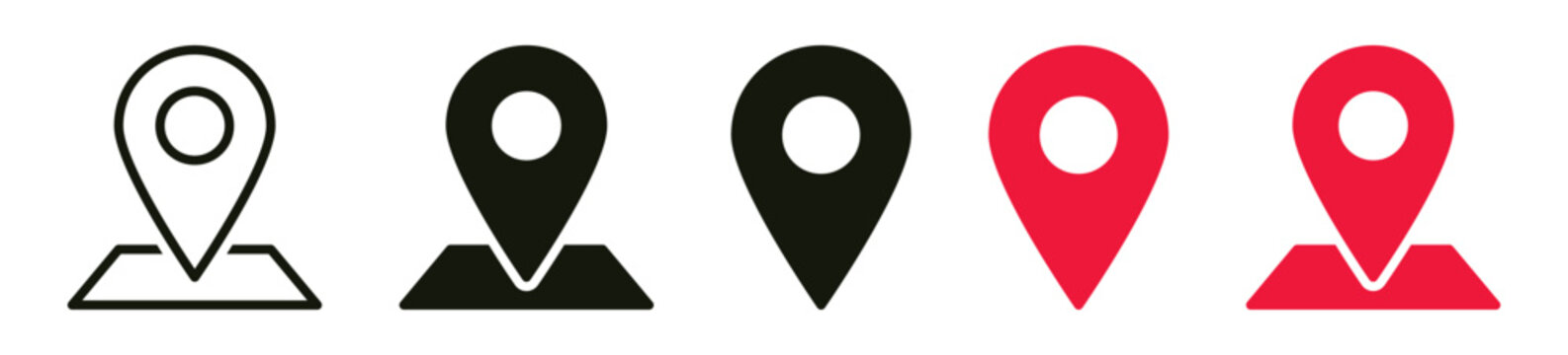 location icon, map pin icons in outline, black, and red styles. for maps, GPS, navigation apps, location markers, address indications, and geolocation interfaces