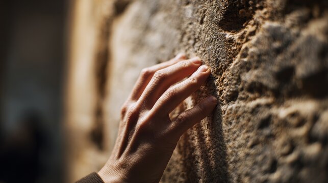 Hand touching ancient stone wall texture