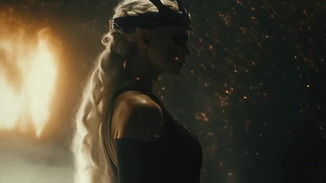 Majestic viking queen with long white hair, elaborate dark crown, and tribal makeup, stands proudly in profile against a backdrop of intense flames and swirling embers