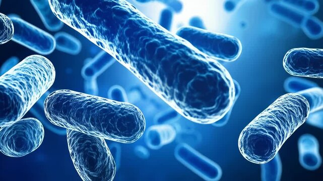 Microscopic view of rod-shaped bacteria cells floating in blue liquid, 3D rendering for medical and scientific visual