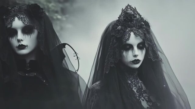 Gothic horror twin sisters wearing black veils and dramatic dark dresses materializing through dense surrounding fog, creating haunting supernatural atmosphere with intense mysterious presence