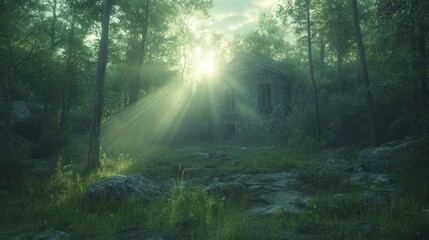 Obraz premium Sunbeams pierce misty forest, ancient ruin