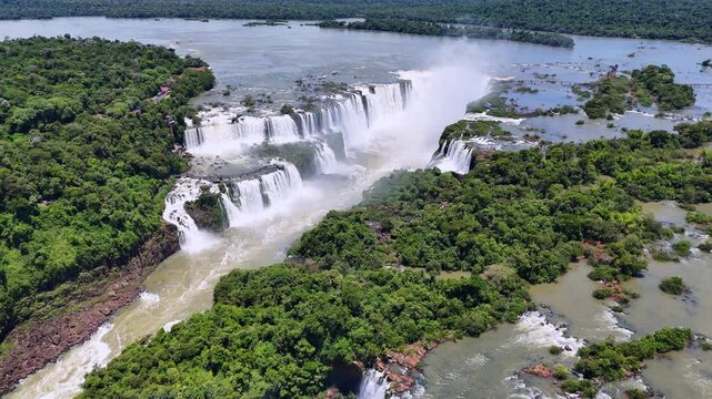 Aerial drone view of the Devil's Throat (Garganta del Diablo), the most powerful section of Iguazu Falls, on the Argentina-Brazil border.UNESCO World Heritage Site and one of the New7Wonders of Nature