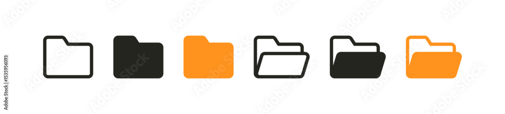Poster Folder icons in open and closed states . in outline, solid, and filled in black and orange. Flat vector set for file storage, organization, digital storage, UI design, and document systems