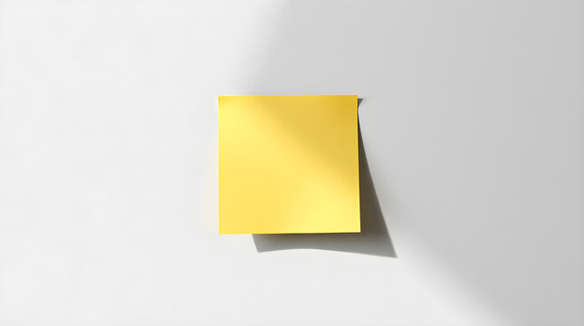A vibrant yellow sticky note against a plain white wall, illuminated by soft light and shadow.