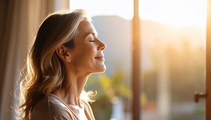 Woman peacefully breathing in morning sun - works well for marketing materials
