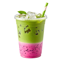 A Refreshing iced drink with vibrant green and pink layers, topped with ice cubes and green straw. drink is garnished with mint leaf