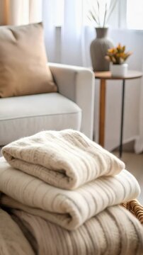 Cozy living space featuring a stack of folded knitted blankets and a throw in soft neutral tones, arranged in a wicker basket near a sofa.
