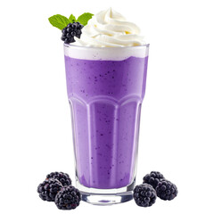 A Tall glass of vibrant purple blackberry smoothie topped with whipped cream and mint, surrounded by fresh blackberries