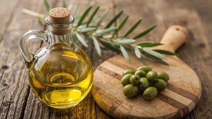 Rustic kitchen with olive oil and olives