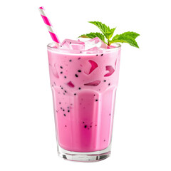 A Pink iced drink with dragon fruit seeds and mint garnish in glass with striped straw. Refreshing and vibrant