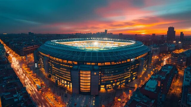 Stunning aerial view of the Santiago Bernab?u Stadium in Madrid at dusk