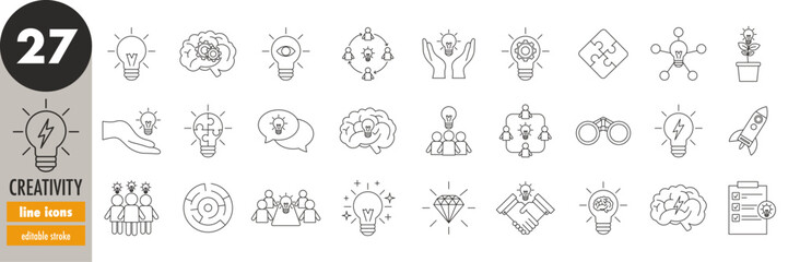 Creativity - editable stroke thin line icons set. Idea, brainstorming, vision, innovation, development, lightbulb, creative meeting, solution, modernization, imagination, vector illustration