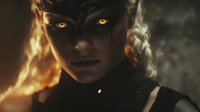 Powerful woman warrior with glowing orange eyes and dark makeup, wearing a horned helmet, embodies a fierce valkyrie from norse mythology, her intense gaze fixed on an unseen enemy