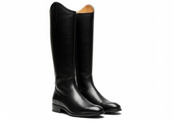 Elegant black leather riding boots isolated on white background