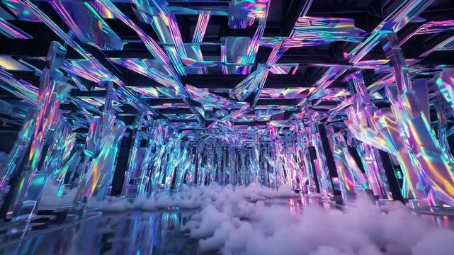 Forward dolly through iridescent crystal data hall with pulsing fiber lights