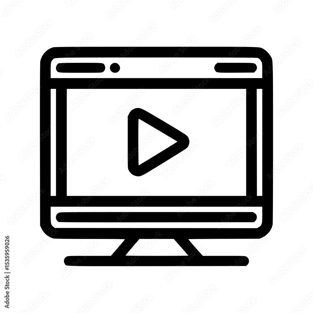 Poster simple black and white icon of a computer monitor displaying a video play button.