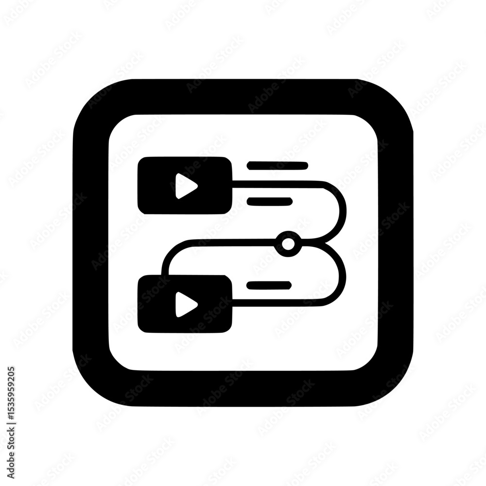 Poster black and white icon showing a video sequence with two rectangular video players connected by a curv