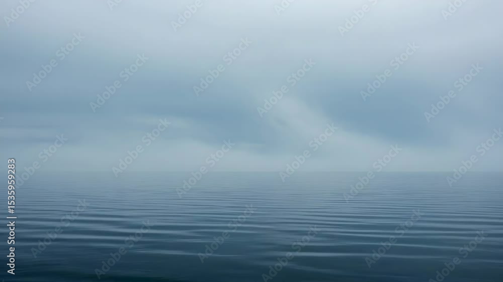 Poster calm ocean under foggy sky in muted blue and gray with subtle ripples creating a tranquil atmosphere