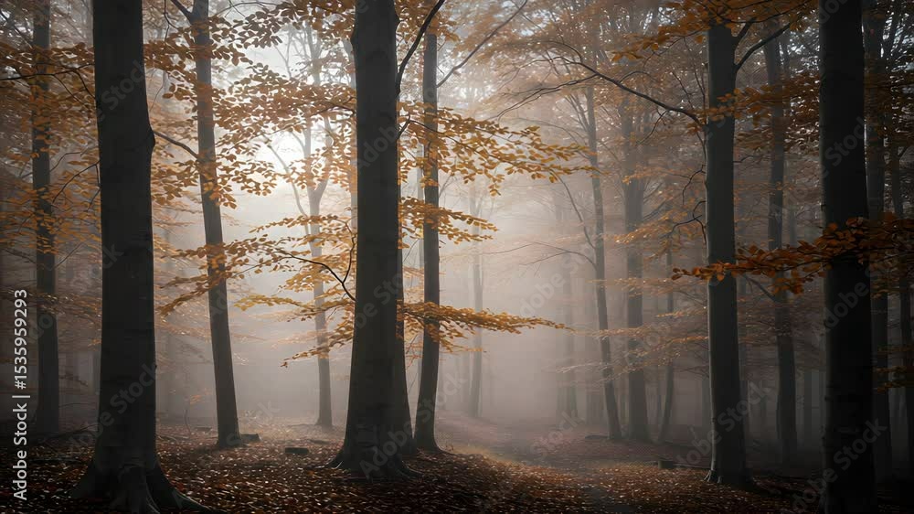 Poster autumnal forest landscape with trees in soft mist and golden sunlight creating a tranquil scene