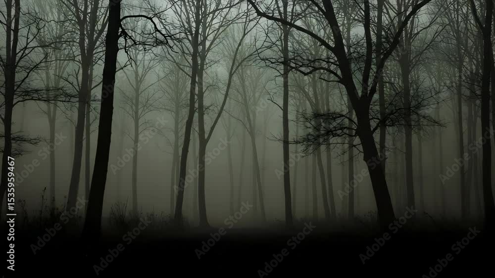 Poster dense forest with bare trees enveloped in thick fog during nighttime creates a mysterious atmospheri