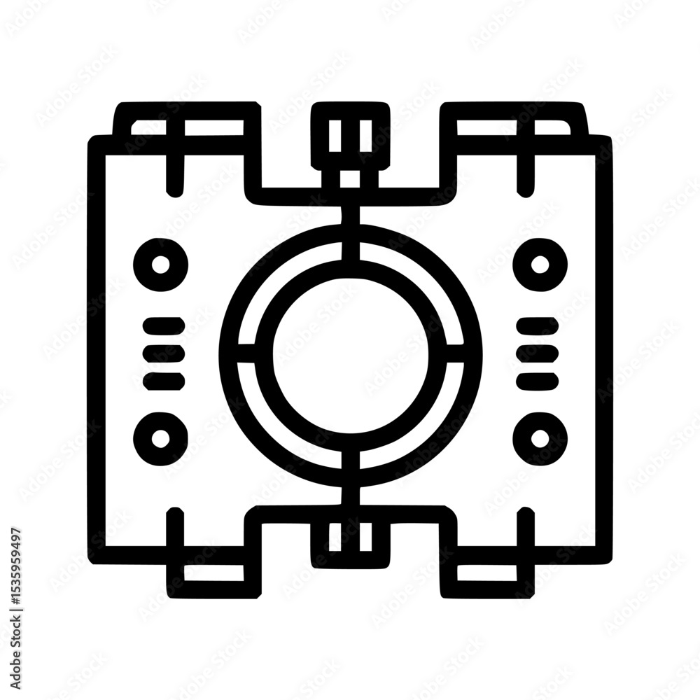 Poster abstract technological device schematic, featuring a central circular component flanked by symmetric