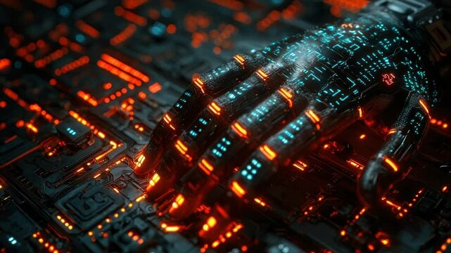 Cybernetic hand interacting with glowing circuit board.  Complex, futuristic interface