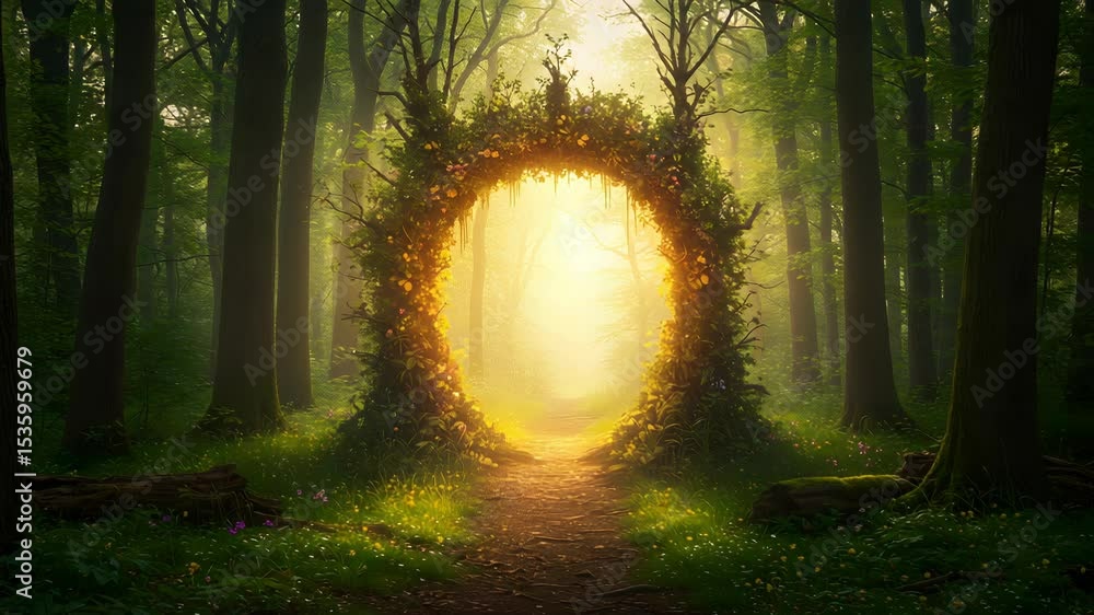 Poster enchanted forest path leading to a glowing portal of light with lush greenery and soft sunlight in b