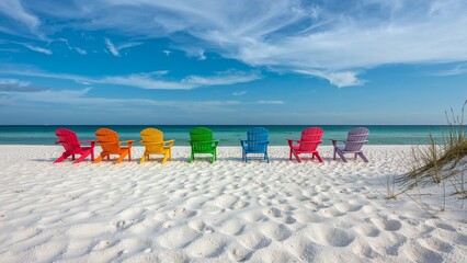 Colorful adirondack chairs on a beach