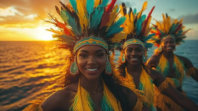 Three women in vibrant traditional dance costumes, smiling, at sunset over water