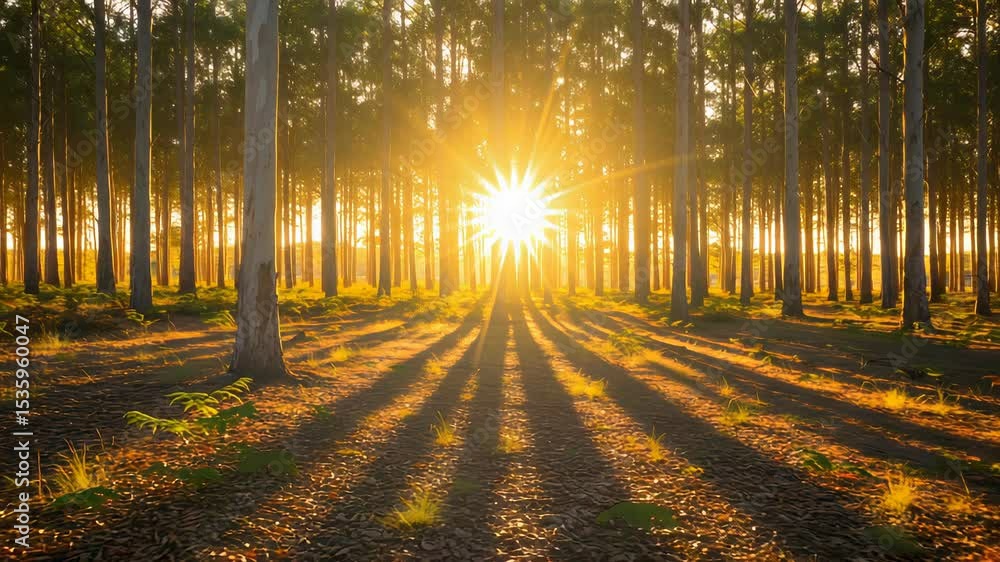 Poster golden sunlight streaming through tall trees creating long shadows in dense tranquil forest