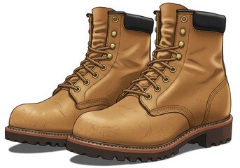 Pair of tan leather work boots isolated on white background