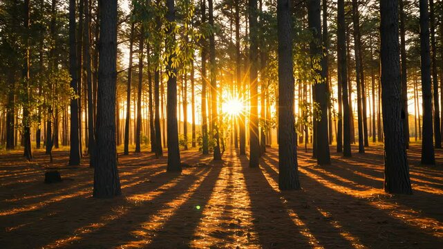 Golden Sunlight Streaming Through Dense Pine Forest with Shadows at Ground Level in Summer