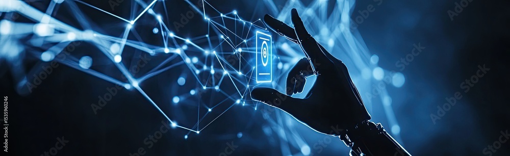 Poster a robotic hand interacts with a digital interface, overlaid with a network of glowing connections
