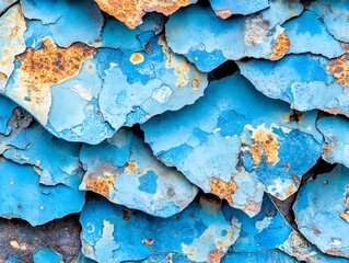 Abstract close-up of weathered, textured blue paint with rust detailing