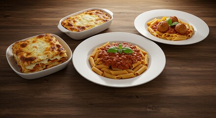 forks over plates with different pasta dishes, lasagna,penne with Bolognese sauce and farfalle with meatballs. Concept of Italian food, cuisine, taste.