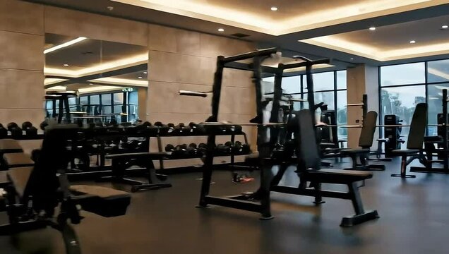 Gym tour fitness center workout equipment treadmills ellipticals and weight machines for exercise routine 4k uhd video