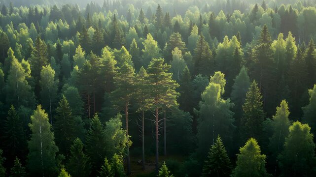 Lush Green Forest Aerial View with Soft Sunlight and Diverse Tree Canopy at Daytime