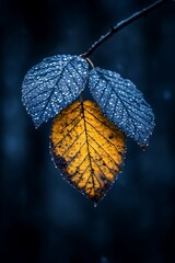 Obraz premium Drenched leaves contrast, vibrant yellow and muted blue in artistic macro
