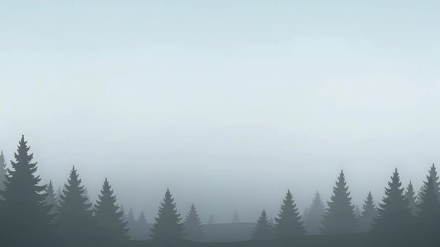 Silhouette Evergreen Trees Stand in Misty Foggy Forest with Subtle Gradient Sky Backdrop for Calming Nature Scenery