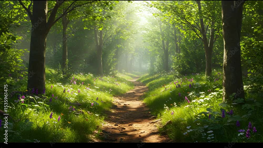 Poster sun dappled forest path with green trees and wildflowers in a natural scene with soft lighting