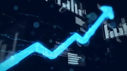 Business growth and financial success highlighted by a glowing blue upward arrow, showcasing data charts, graphs, and digital analytics on an abstract interface. - Powered by Adobe